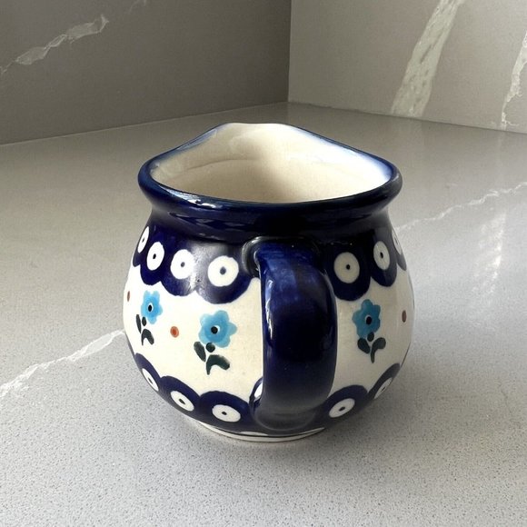 Boleslawiec Small Milk Creamer Pitcher Blue Pottery Floral Handmade In Poland E9 - Picture 2 of 10